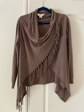 Lovestitch fringe draped cowl sweater in taupe
